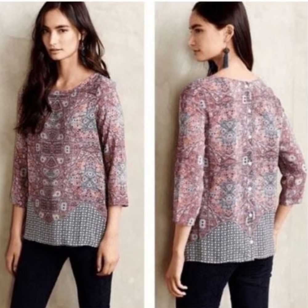 MAEVE Anthropologie 3/4 sleeve 100% silk top. Size: 6 - Picture 3 of 4